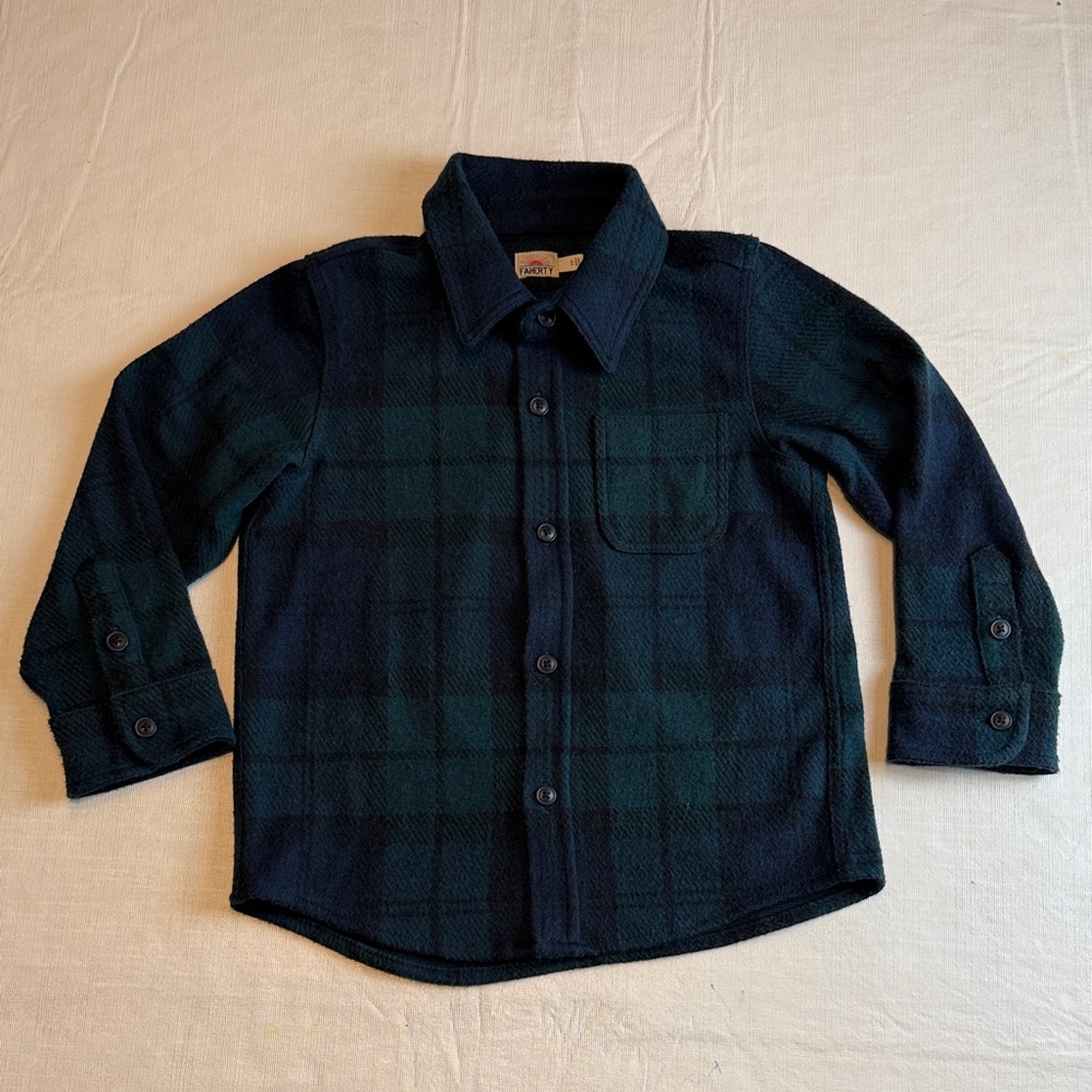 Faherty Kids Navy Green Plaid Button-Down Flannel Shirt Size 5